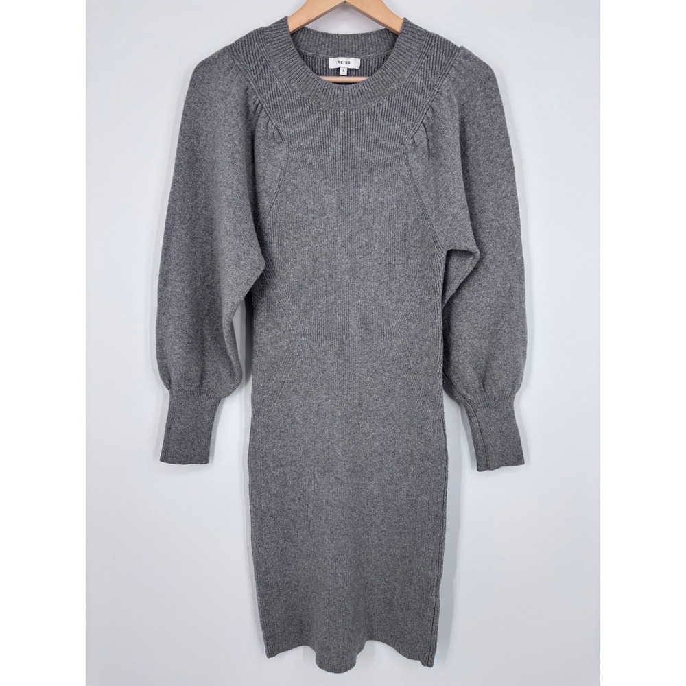 Reiss Nordica Flute Sleeve Knitted Dress Womens S Midi Gray Marl Wool Cashmere